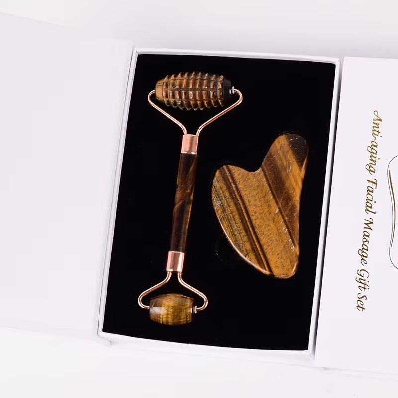 Tiger Eye Sawtooth Roller Shoulder Neck Massager Natural Stone Face Care Gua Sha Massage Set Tool Acupuncture Health Beauty