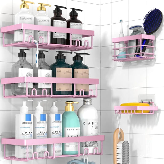 Shower Caddy - Adhesive Shower Organizer, Hanging Suction Pink Shower Shelves Rack, inside Shower Rack Holder, Bathroom Decor Organization Storage Accessories, Home Essentials Gadgets