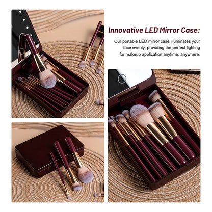 14-Piece Makeup Brush Set with Illuminated Mirror, Portable Short Handle,Led Light,Usb Rechargeable Makeup Brushes Kit