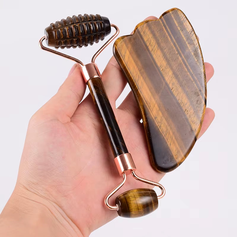 Tiger Eye Sawtooth Roller Shoulder Neck Massager Natural Stone Face Care Gua Sha Massage Set Tool Acupuncture Health Beauty