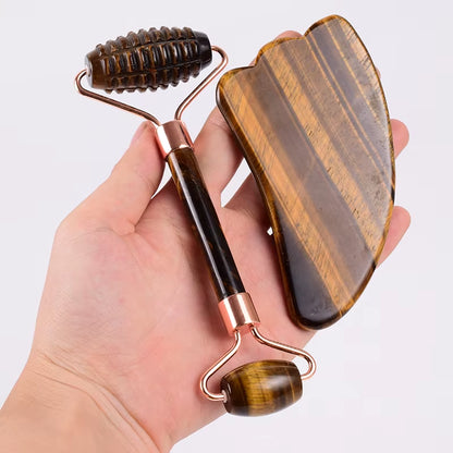 Tiger Eye Sawtooth Roller Shoulder Neck Massager Natural Stone Face Care Gua Sha Massage Set Tool Acupuncture Health Beauty