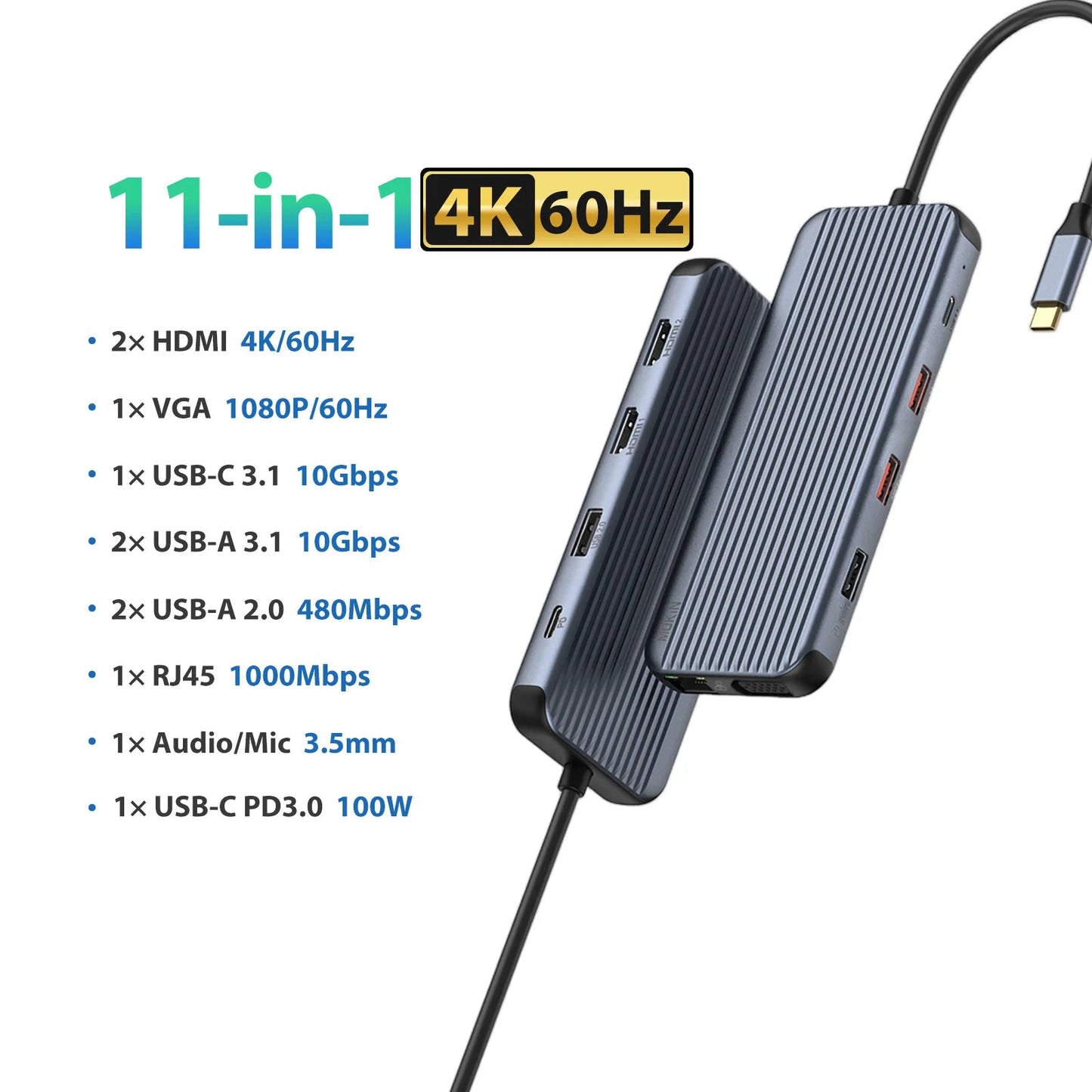 USB-C Triple Display Hub Adapter | 11-in-1 Docking Station VGA, USB 3.1, RJ45 & 100W PD Charging