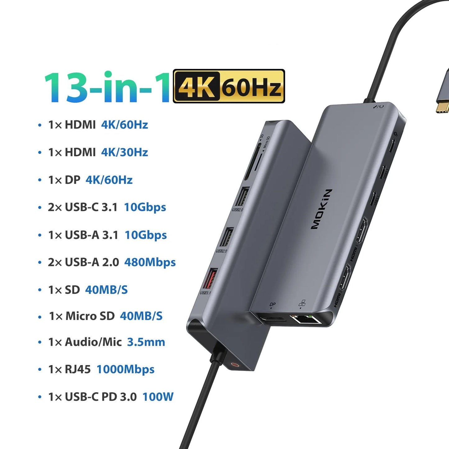 USB-C Triple Display Hub Adapter | 11-in-1 Docking Station VGA, USB 3.1, RJ45 & 100W PD Charging