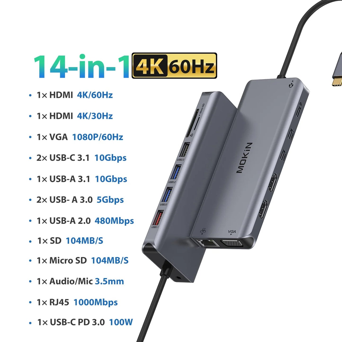 USB-C Triple Display Hub Adapter | 11-in-1 Docking Station VGA, USB 3.1, RJ45 & 100W PD Charging