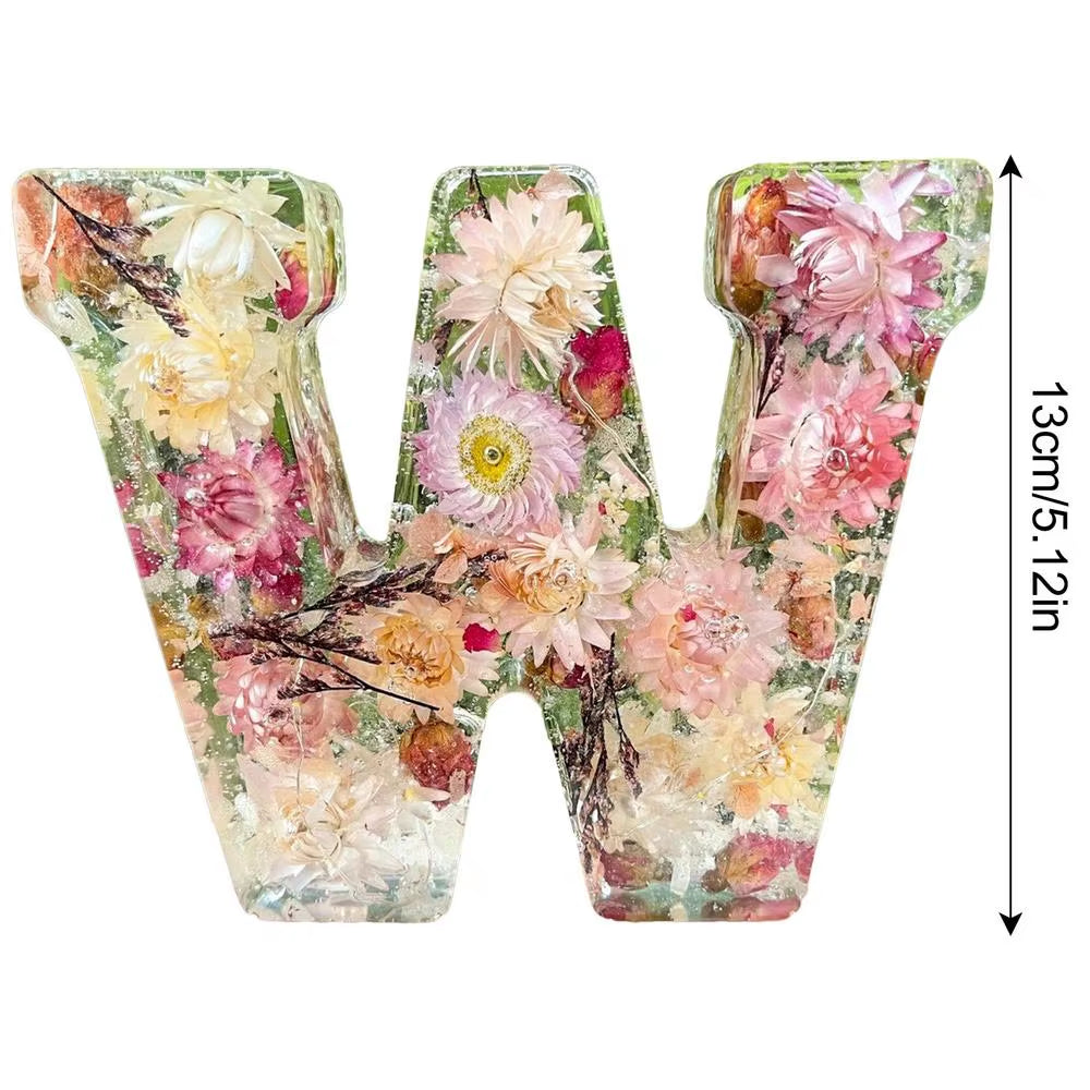 Floral 26 Letters Night Lights Decorative Resin Lamp with Initial Letter & Dry Flower Creative Table Light Night Lamp Glowing