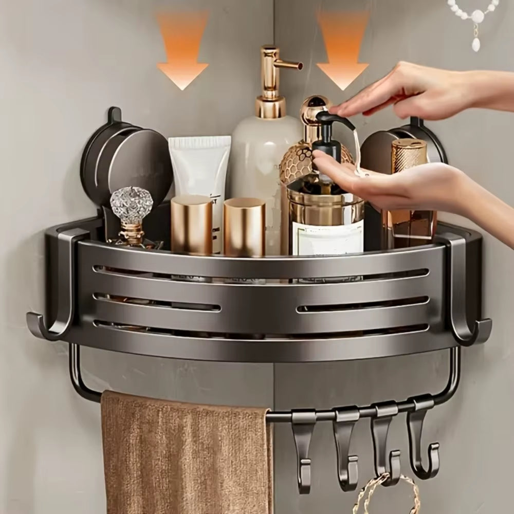 Triangular Space-Saving Suction Cup Bathroom Storage Shelf No Drilling Required Multifunctional Storage Organizer with Hooks