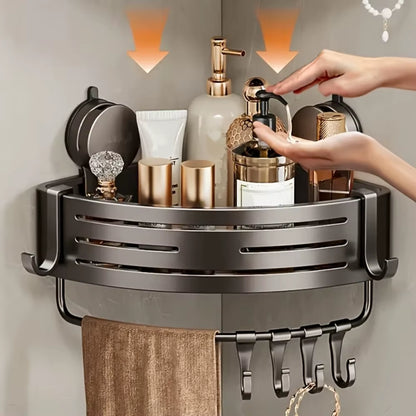 Triangular Space-Saving Suction Cup Bathroom Storage Shelf No Drilling Required Multifunctional Storage Organizer with Hooks