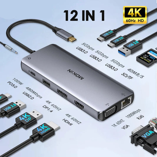 USB-C Triple Display Hub Adapter | 11-in-1 Docking Station VGA, USB 3.1, RJ45 & 100W PD Charging