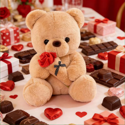 Cute Rose Bear Plush Toy Stuffed Animal Doll Romantic Gift for Girlfriend Valentines Day Birthday Anniversary Present