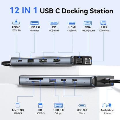 USB-C Triple Display Hub Adapter | 11-in-1 Docking Station VGA, USB 3.1, RJ45 & 100W PD Charging