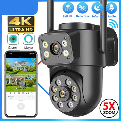 8MP 4K Wifi IP Camera Dual Lens Dual Screens Outdoor Surveillance Camera Black Human Detection Night Vision ICSEE Security CAM