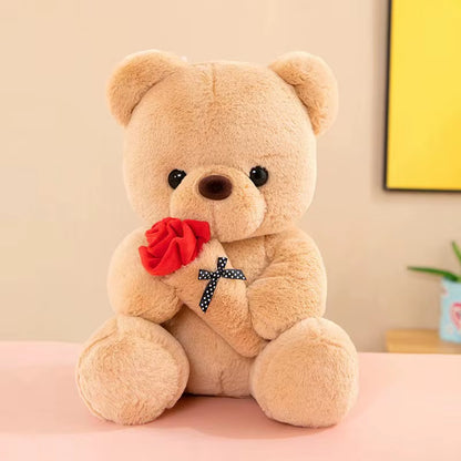 Cute Rose Bear Plush Toy Stuffed Animal Doll Romantic Gift for Girlfriend Valentines Day Birthday Anniversary Present