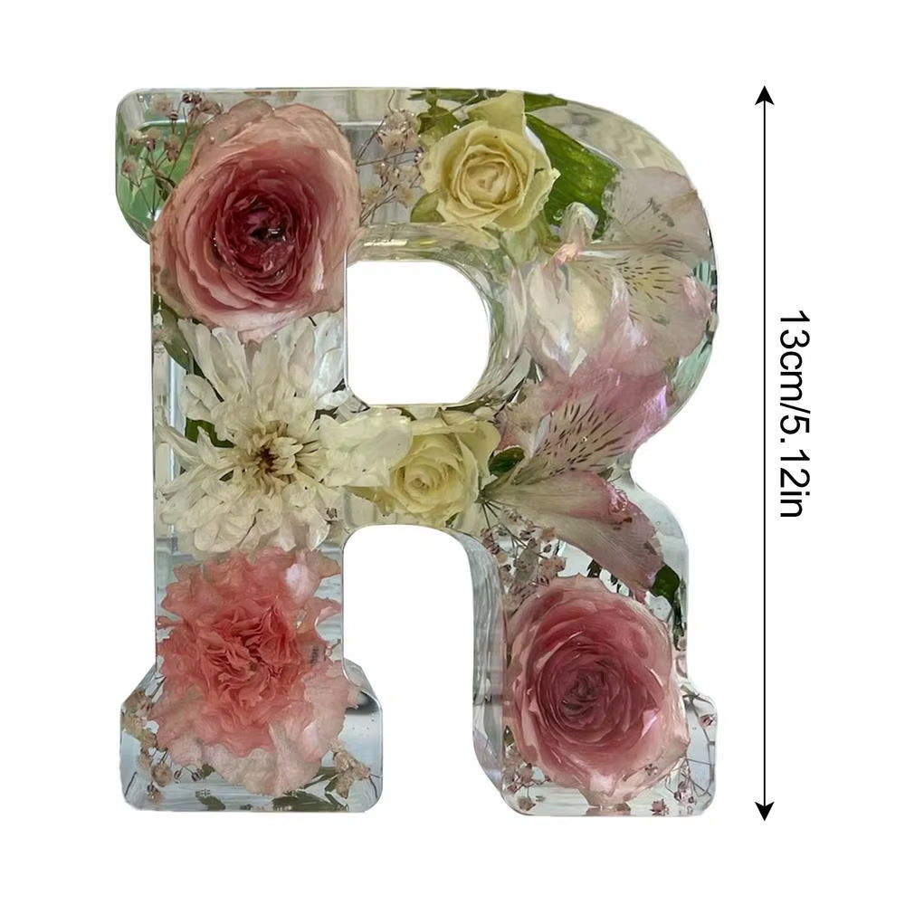 Floral 26 Letters Night Lights Decorative Resin Lamp with Initial Letter & Dry Flower Creative Table Light Night Lamp Glowing