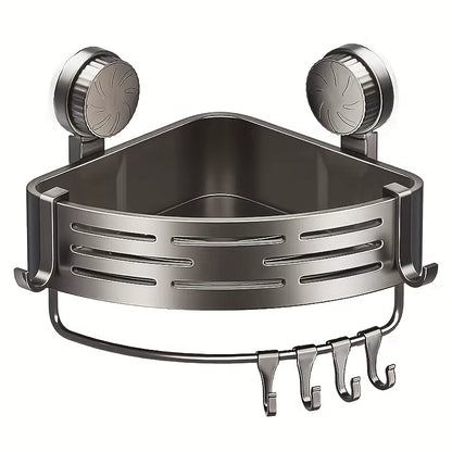 Triangular Space-Saving Suction Cup Bathroom Storage Shelf No Drilling Required Multifunctional Storage Organizer with Hooks