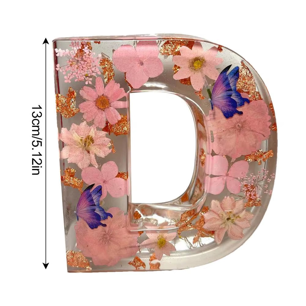 Floral 26 Letters Night Lights Decorative Resin Lamp with Initial Letter & Dry Flower Creative Table Light Night Lamp Glowing