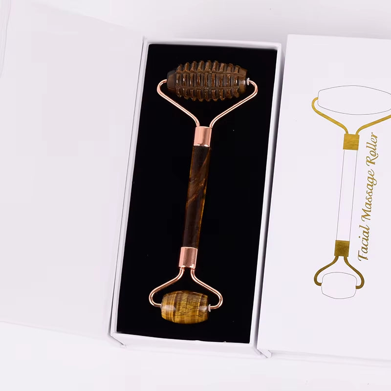 Tiger Eye Sawtooth Roller Shoulder Neck Massager Natural Stone Face Care Gua Sha Massage Set Tool Acupuncture Health Beauty