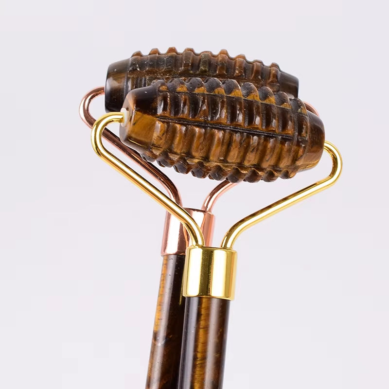 Tiger Eye Sawtooth Roller Shoulder Neck Massager Natural Stone Face Care Gua Sha Massage Set Tool Acupuncture Health Beauty