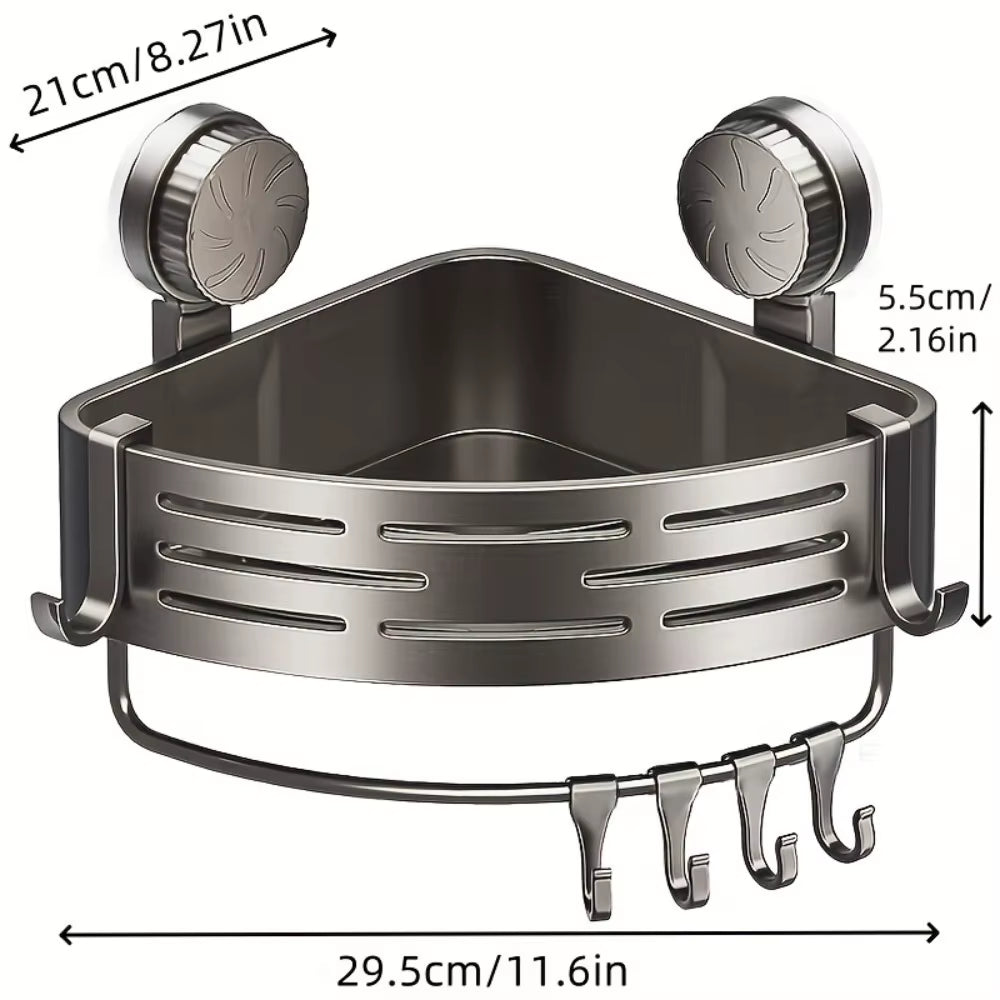 Triangular Space-Saving Suction Cup Bathroom Storage Shelf No Drilling Required Multifunctional Storage Organizer with Hooks