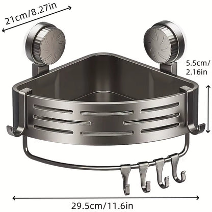 Triangular Space-Saving Suction Cup Bathroom Storage Shelf No Drilling Required Multifunctional Storage Organizer with Hooks