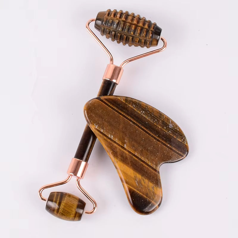 Tiger Eye Sawtooth Roller Shoulder Neck Massager Natural Stone Face Care Gua Sha Massage Set Tool Acupuncture Health Beauty