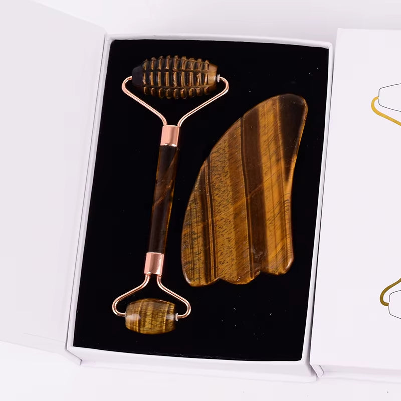 Tiger Eye Sawtooth Roller Shoulder Neck Massager Natural Stone Face Care Gua Sha Massage Set Tool Acupuncture Health Beauty