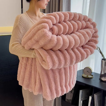 1Pc Throw Blanket for Bed - 250GSM Soft & Warm Fluffy Blanket, Decorative Striped Blankets for Winter Nap / Sleep