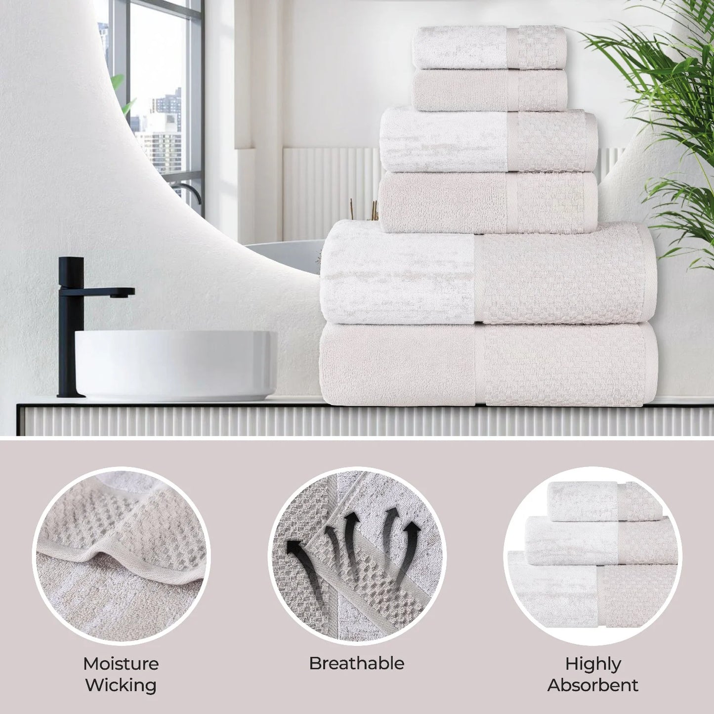 Lodie Cotton Hand Towel Set of 6, Black-Ivory