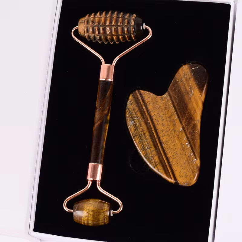 Tiger Eye Sawtooth Roller Shoulder Neck Massager Natural Stone Face Care Gua Sha Massage Set Tool Acupuncture Health Beauty