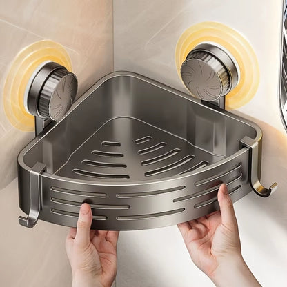 Triangular Space-Saving Suction Cup Bathroom Storage Shelf No Drilling Required Multifunctional Storage Organizer with Hooks