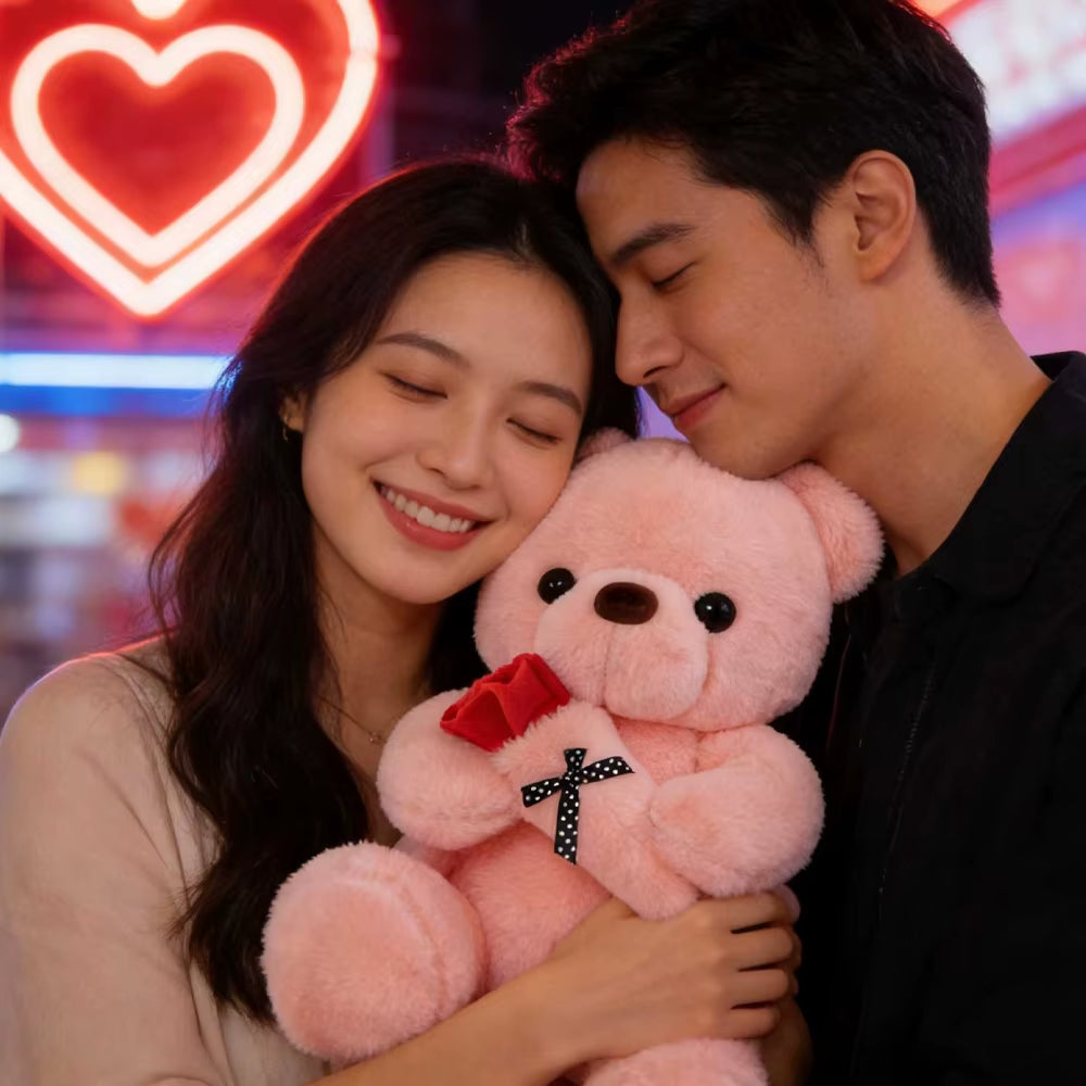 Cute Rose Bear Plush Toy Stuffed Animal Doll Romantic Gift for Girlfriend Valentines Day Birthday Anniversary Present