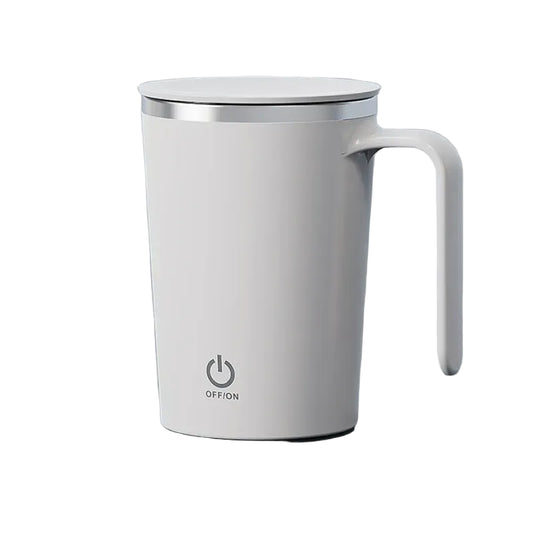 White mug with handle and power symbol on a gray background