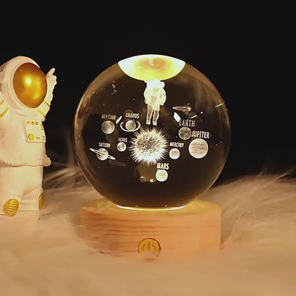 3D Crystal Ball LED Night Light | Solar System Planets, Moon & Astronaut Galaxy Decor Lamp
